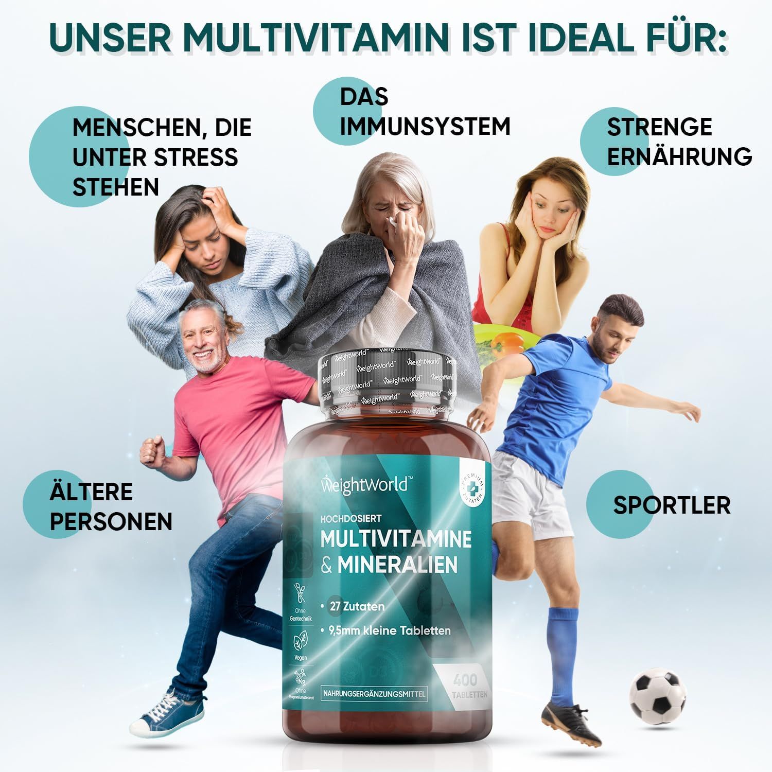 Bouteille de Multivitamines et Minéraux avec représentations de personnes dans diverses situations.