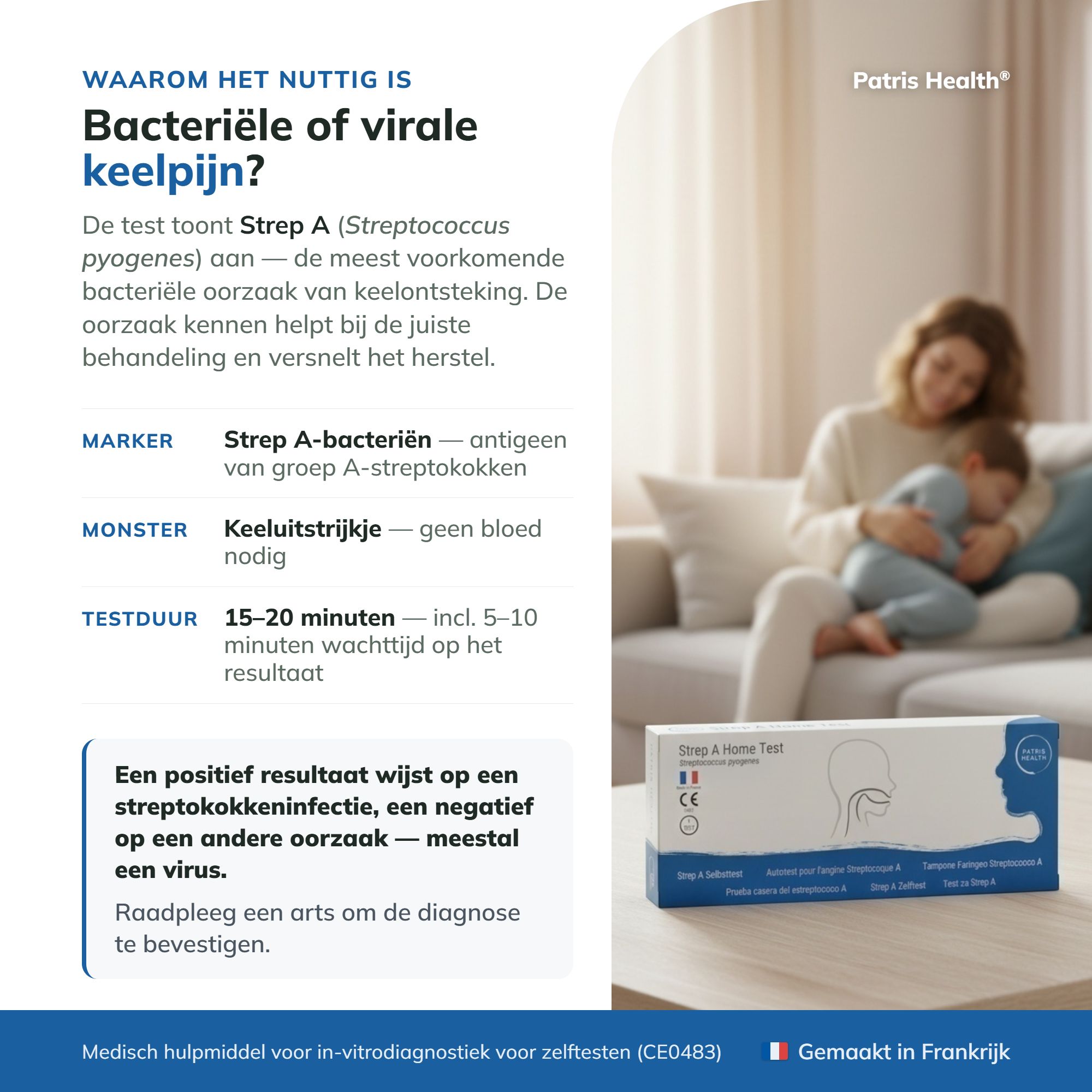 Nederlandse pagina met belangrijke feiten over de Strep A sneltest van Patris Health.