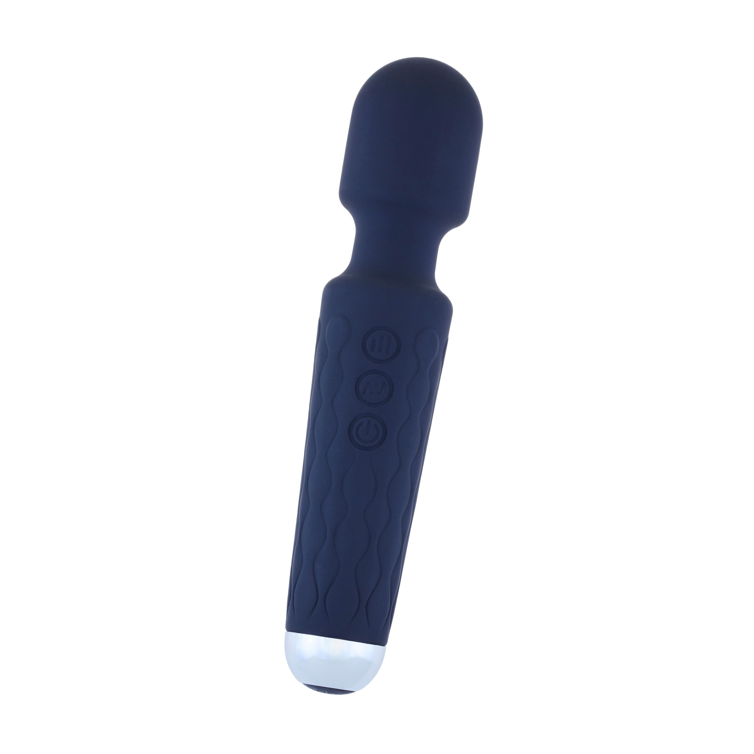 Vibrateur bleu foncé avec texture ondulée et trois boutons. Embout argenté. Dessus arrondi.