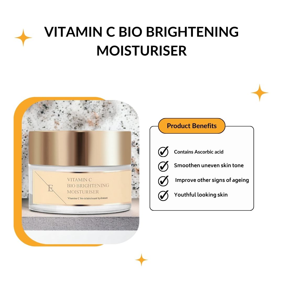 Pot en verre avec couvercle doré. Étiquette avec texte: Vitamin C Bio Brightening Moisturiser. Marque: E. À côté: Avantages du produit.