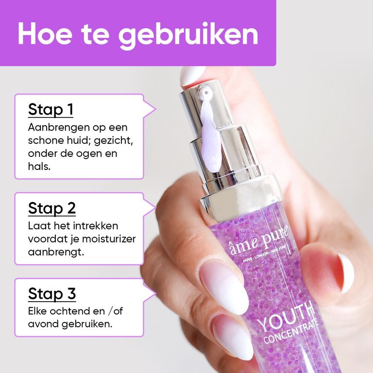 Twee flacons Youth Concentrate Serum met tekst over voordelen in het Nederlands.