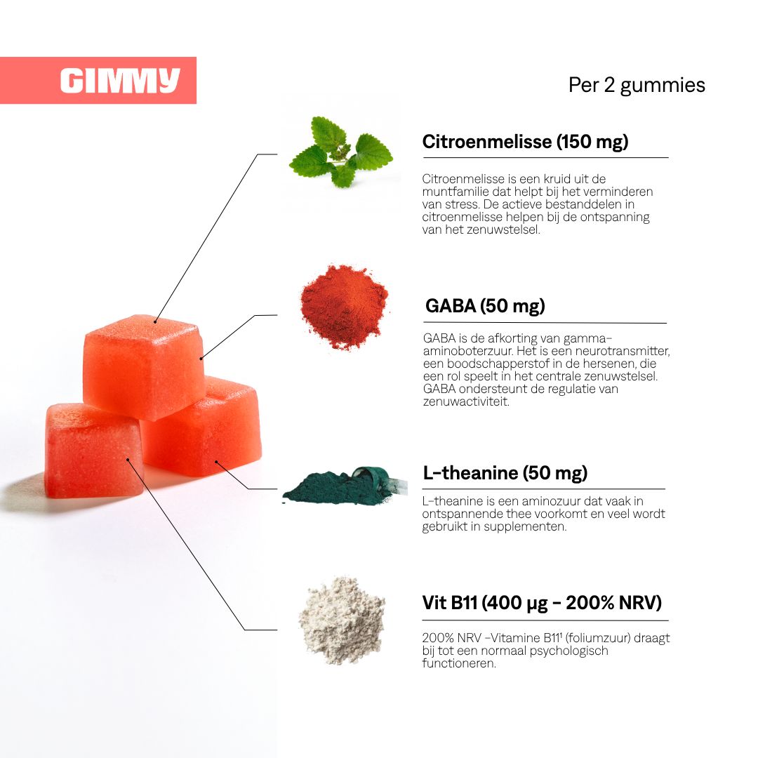 Infographic met GIMMY-logo en tekst. Toont ingrediënten per 2 gummies, zoals Citroenmelisse, GABA, L-Theanine.