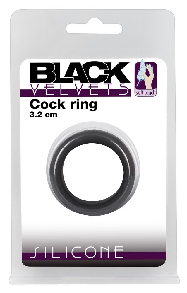 Emballage d'une bague de pénis en silicone noir, diamètre 3,2 cm.