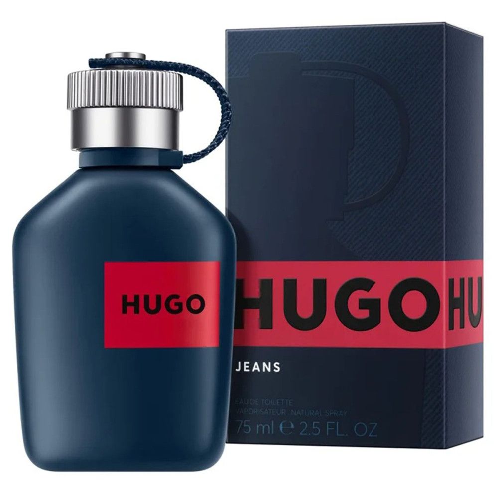 Flacon bleu avec bouchon argenté et étiquette rouge HUGO. Boîte bleue avec inscription HUGO.