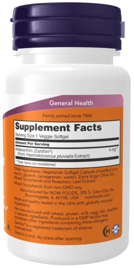 Dos du flacon. Inscription: Supplement Facts. Astaxanthine 4 mg. NOW FOODS. Fabriqué aux États-Unis.