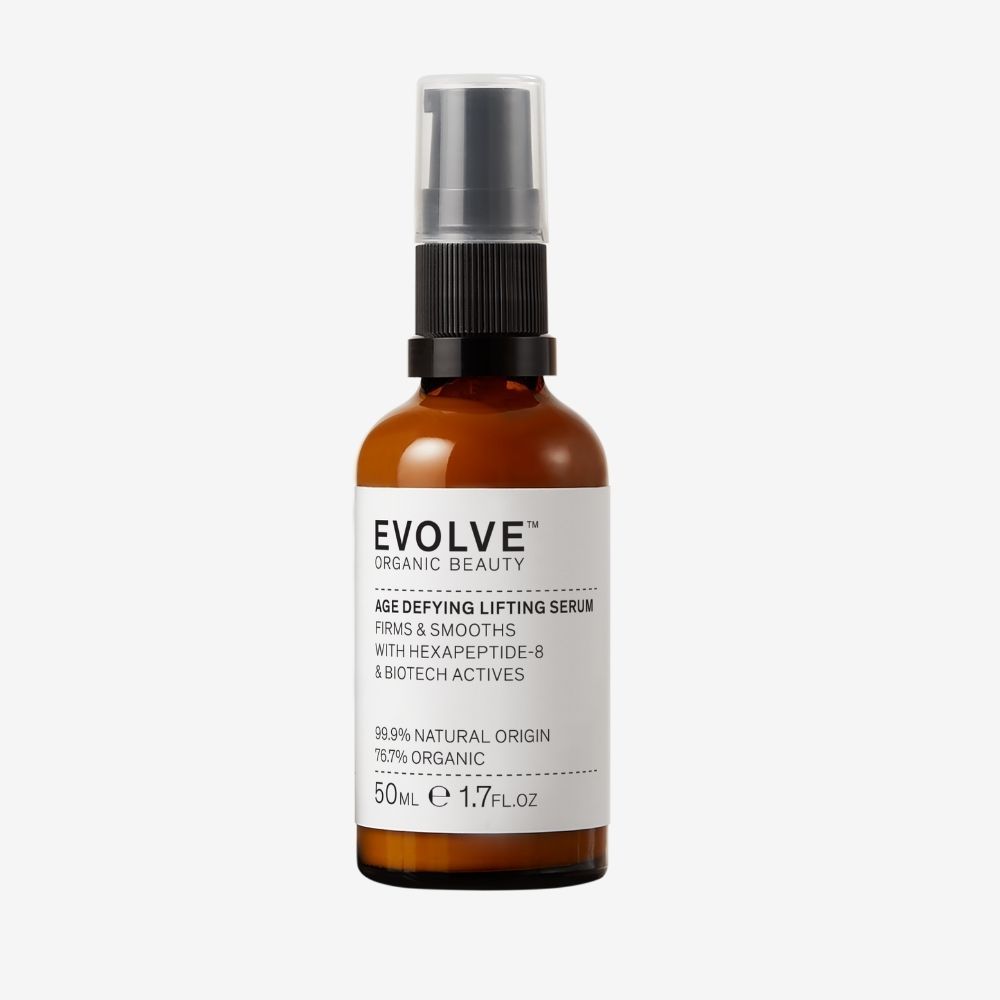 Bruine glazen fles met pomp voor Evolve Organic Beauty Age Defying Lifting Serum, 50ml.