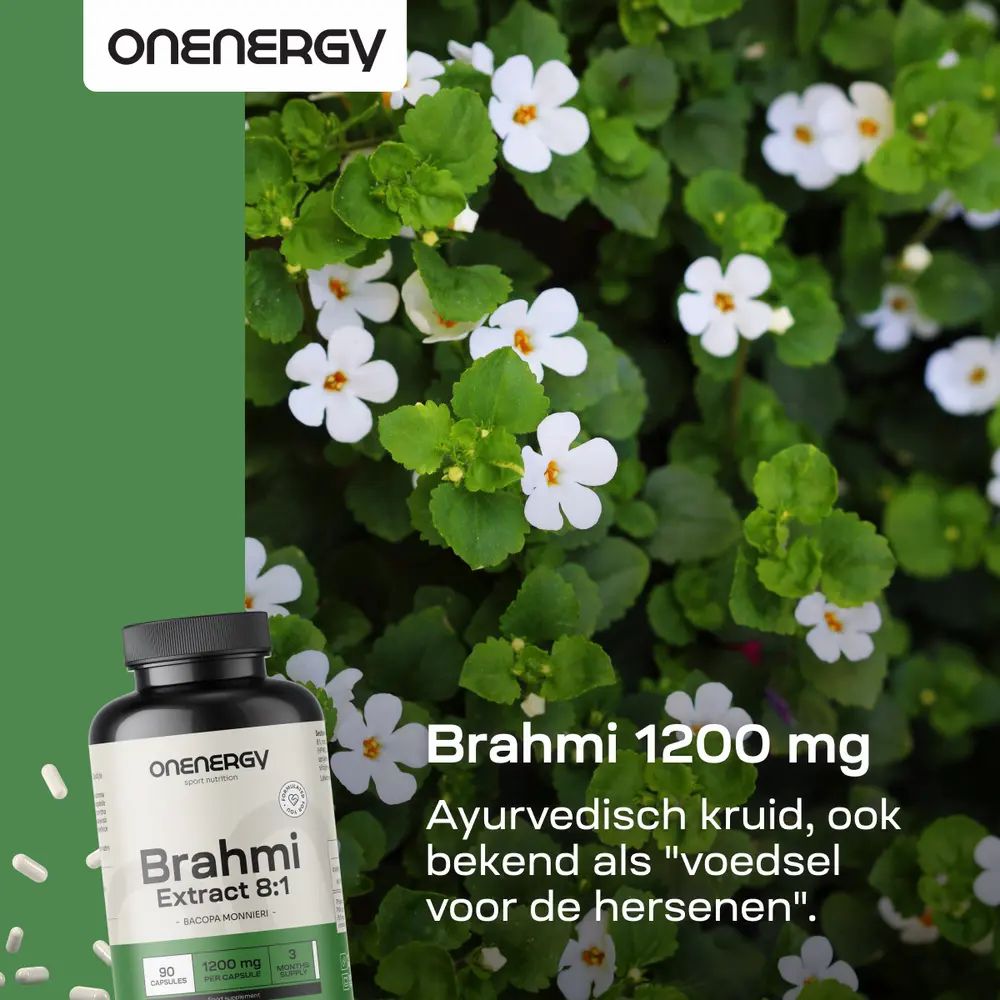 Fles met capsules. Opschrift: Brahmi 1200 mg, 90 capsules. Groen-witte achtergrond met bloemen.