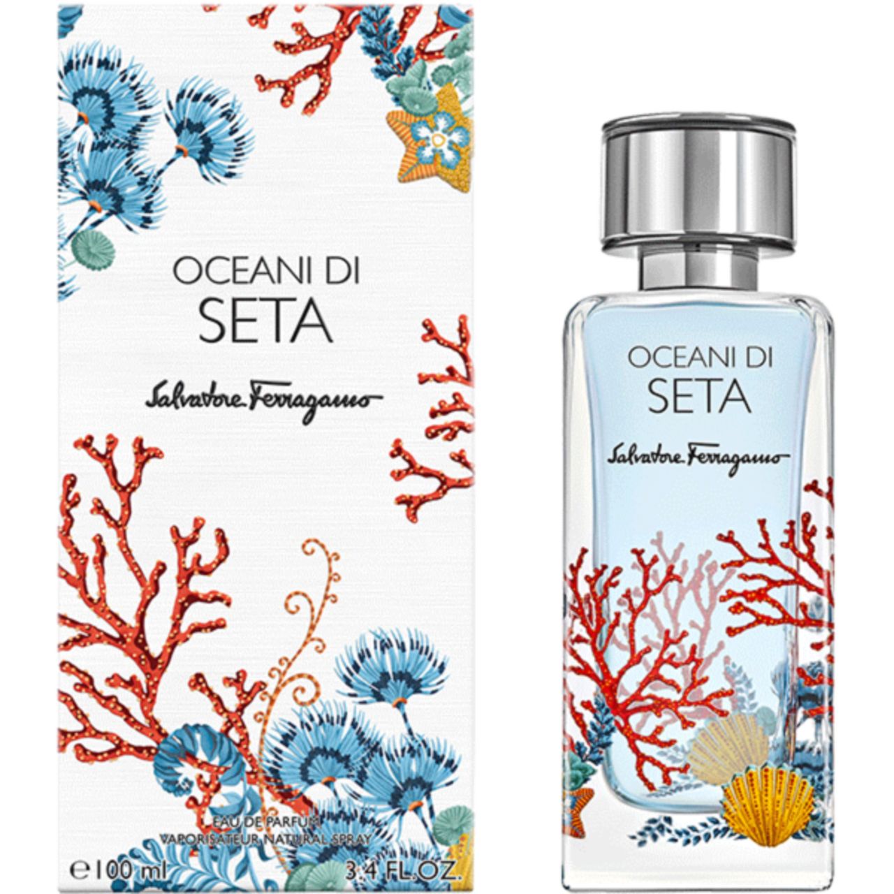 Flacon et boîte Salvatore Ferragamo Oceani di Seta Eau de Parfum avec motif corail et coquillage.