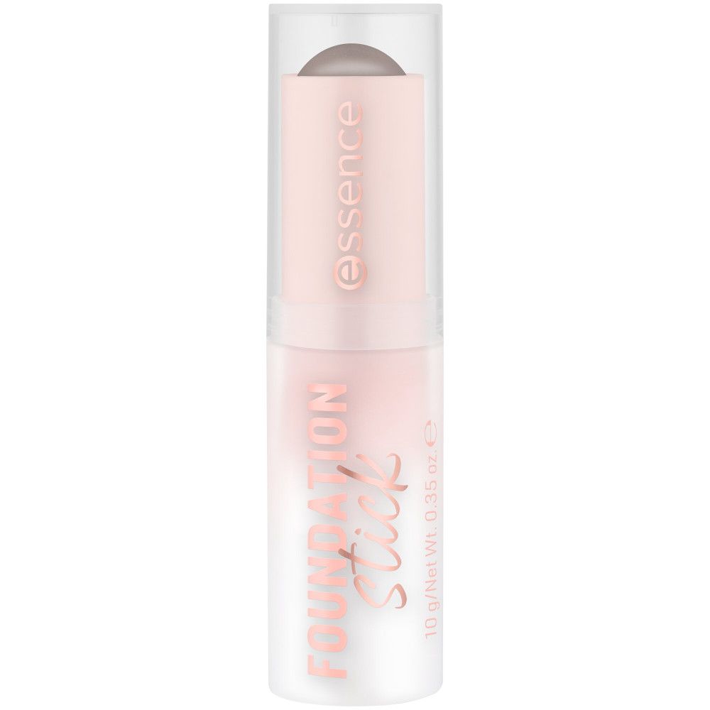 Foundation stick van Essence. Roze en witte verpakking met productnaam en merklogo. Transparante dop.
