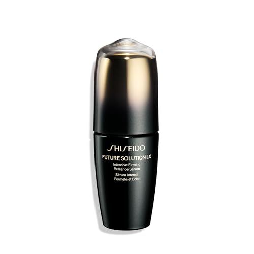 Flacon noir et doré. Inscription: SHISEIDO FUTURE SOLUTION LX Intensive Firming Brilliance Serum. Sérum intensif fermeté et éclat.