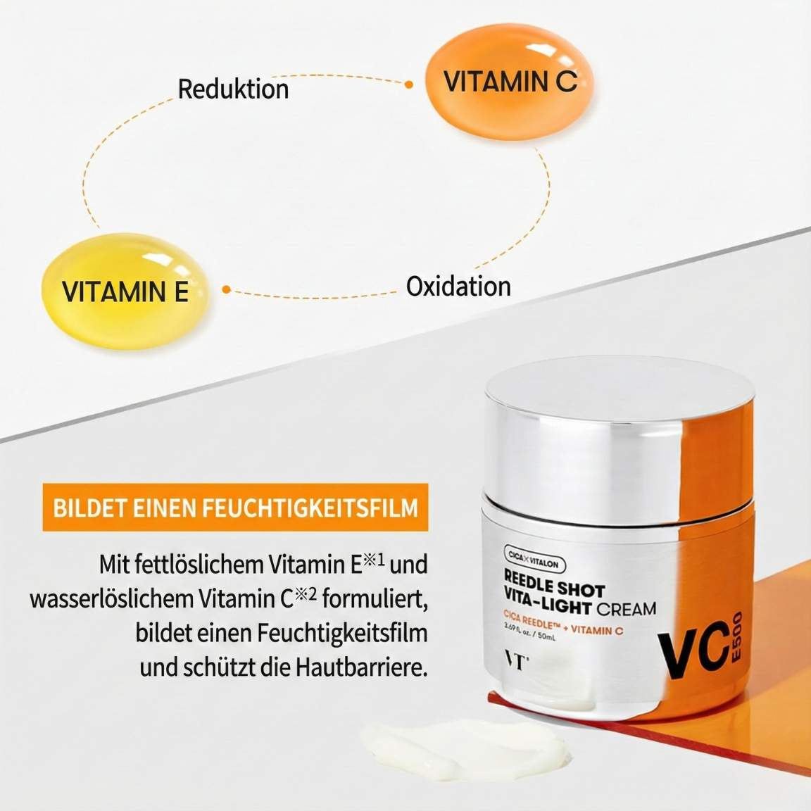 Pot VT Cosmetics Reedle Shot Vita-Light Cream sur fond orange.