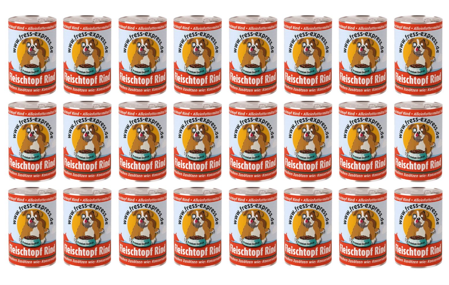 Rangée de boîtes de nourriture pour chiens Fleischtopf Rind. Boîtes avec étiquette montrant un chien. Boîtes rouges et blanches avec nom du produit.