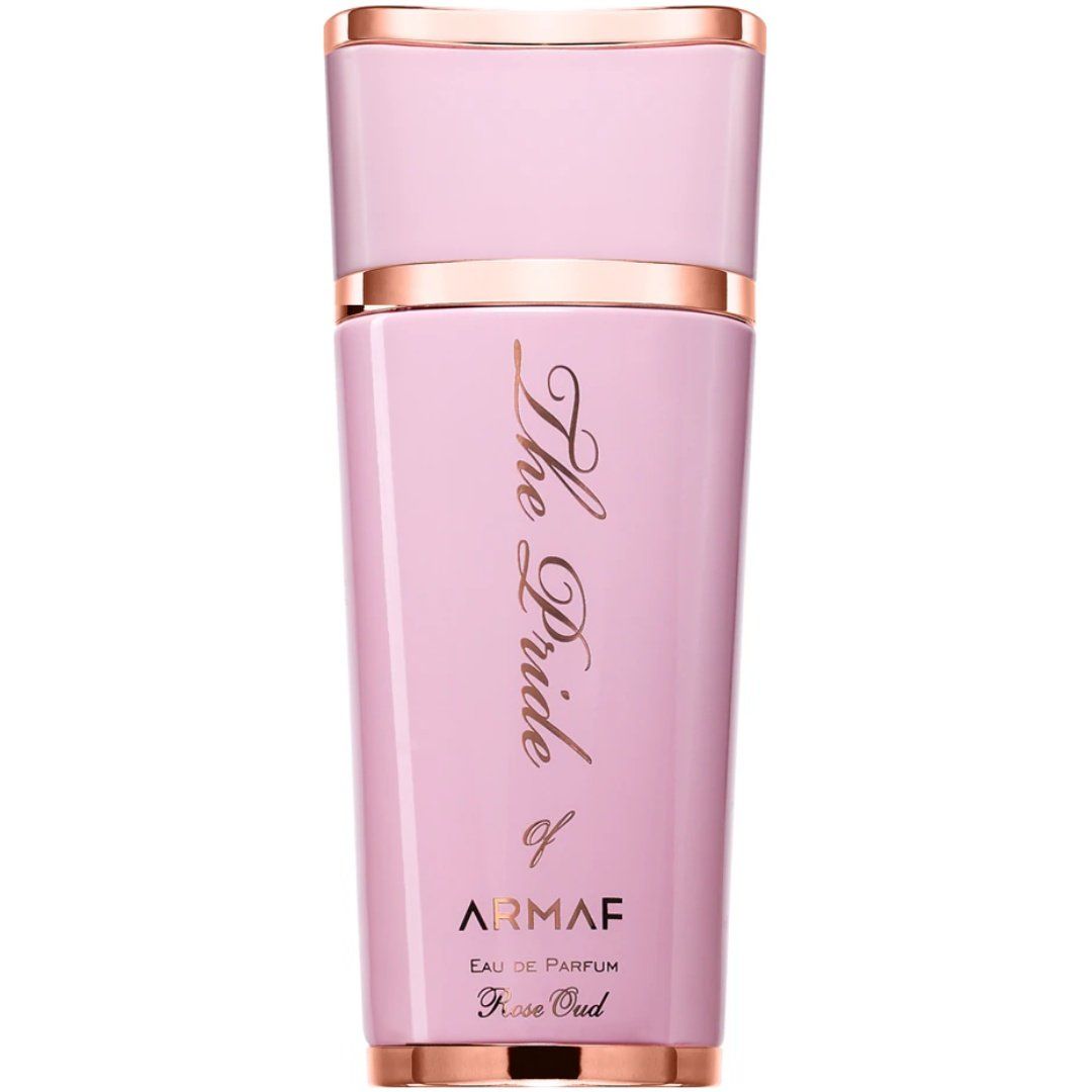 Roze parfumfles met gouden details. Opschrift: The Pride of Armaf Rose Oud.
