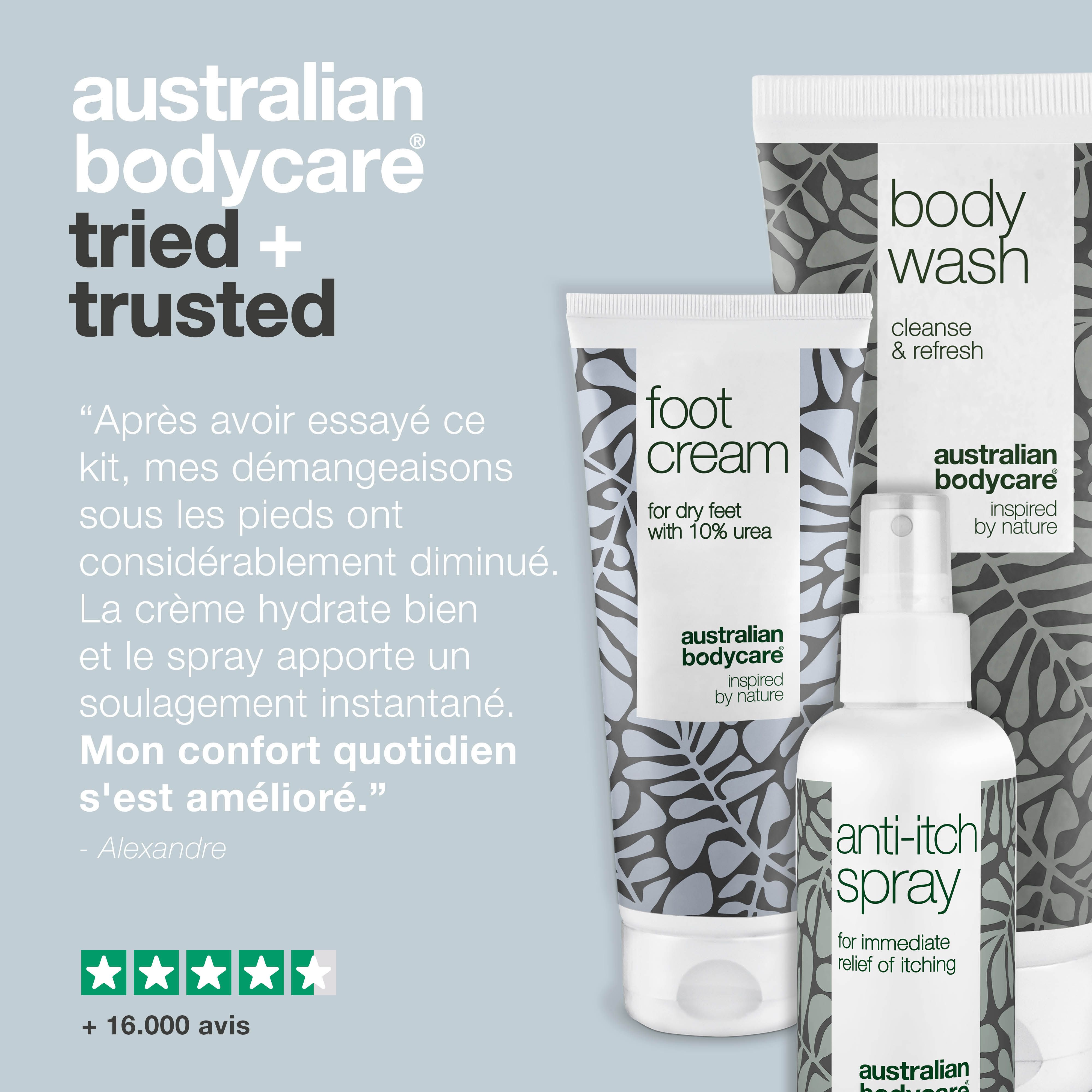 Trois produits : gel douche, crème pour les pieds, spray anti-démangeaisons. Texte : Australian Bodycare, témoignage.