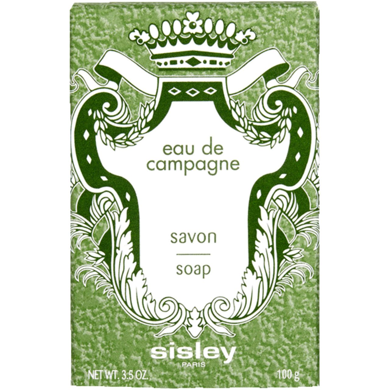 Groene doos met witte opdruk. Tekst: Eau de Campagne, Savon, Soap, Sisley Paris. Gewicht: 100 g, 3.5 oz.