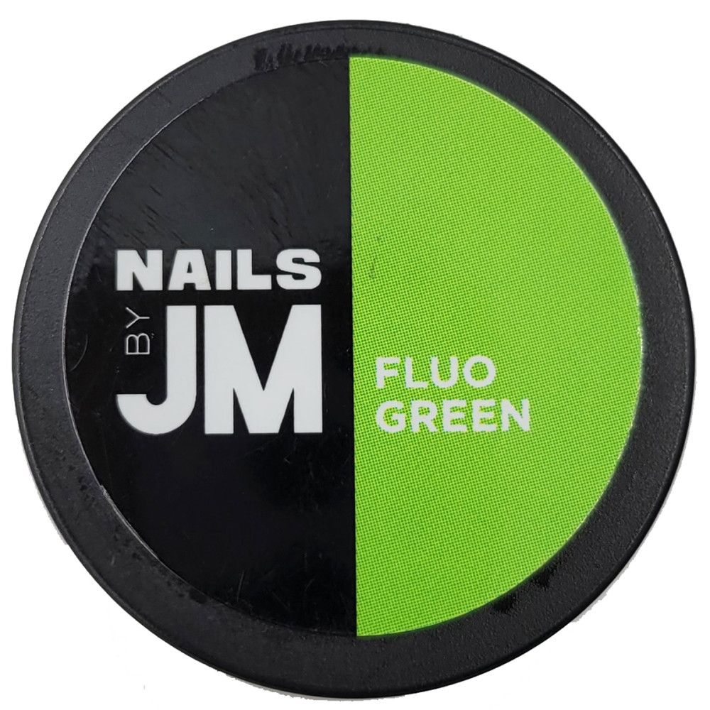 Contenant rond, divisé en noir et vert. Inscription "NAILS BY JM" et "FLUO GREEN".