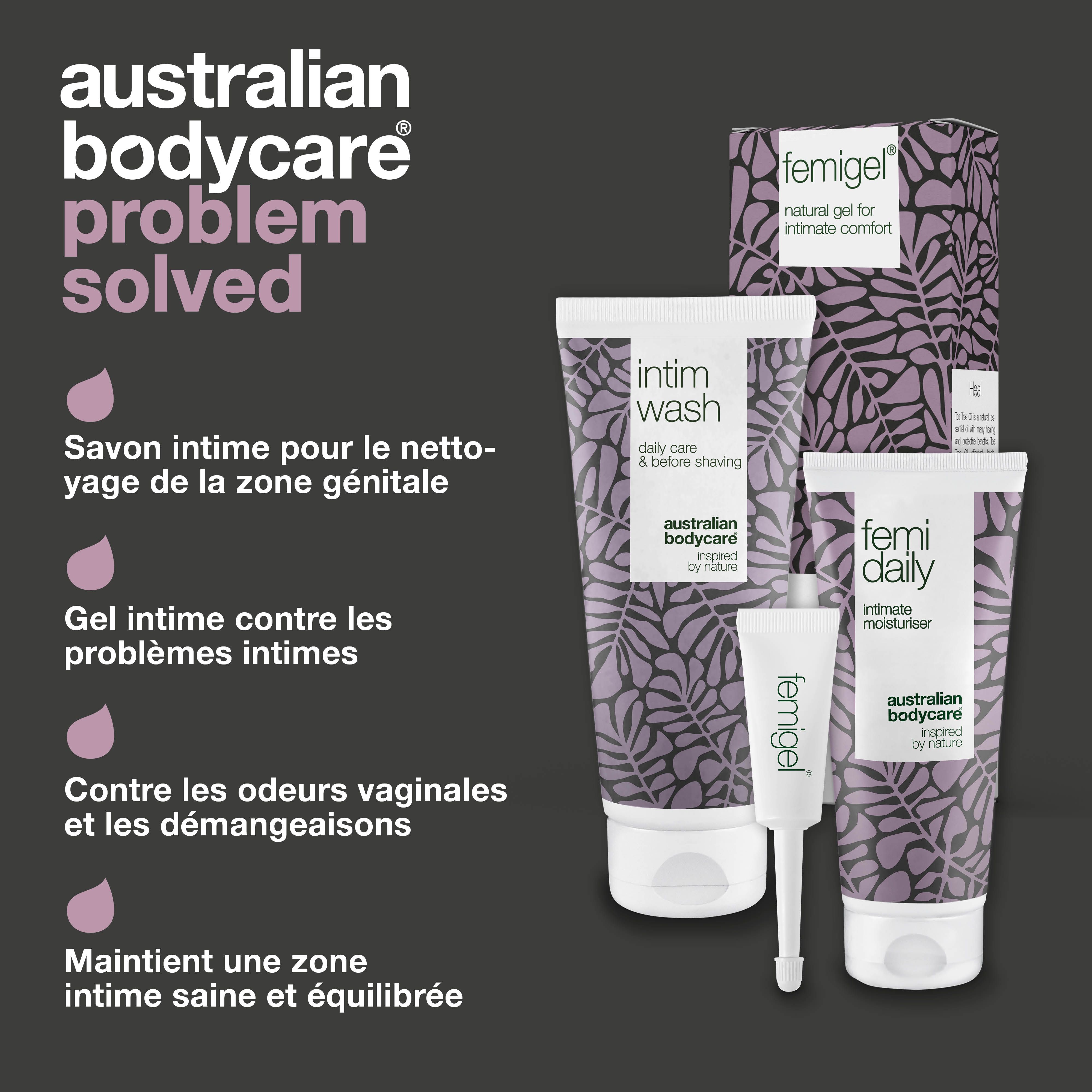 Infographie : problème résolu. Produits : gel lavant, hydratant et gel intime. Marque : Australian Bodycare.