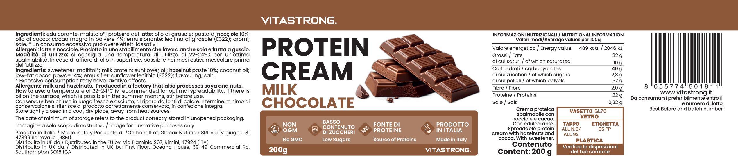 Vitastrong Protein Cream melkchocolade. Verpakking met productinformatie en stukjes chocolade. 200g.