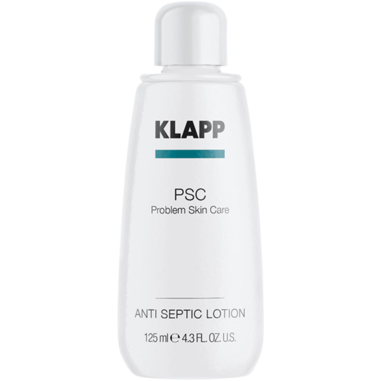 Witte fles met Klapp-logo en productaanduiding PSC. Tekst: Anti Septic Lotion, 125 ml.