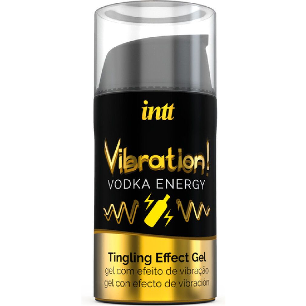 Transparante fles met zwarte dop. Opschrift: INTT, Vibration! Vodka Energy, Tingling Effect Gel. Gouden accenten.