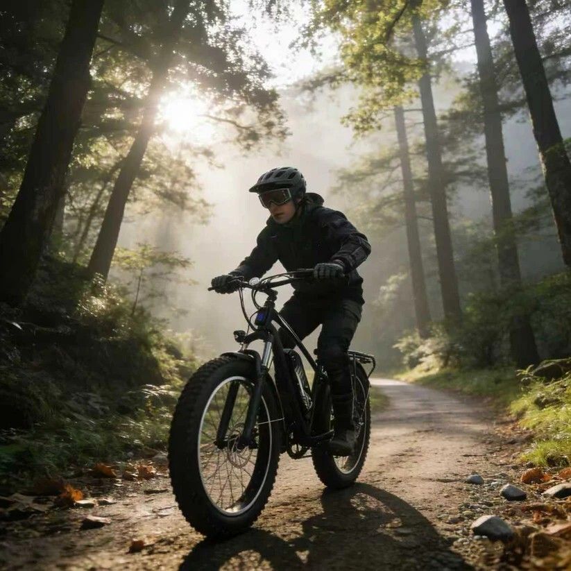 Personne faisant du vélo électrique sur un sentier forestier. L'environnement est dominé par les arbres.