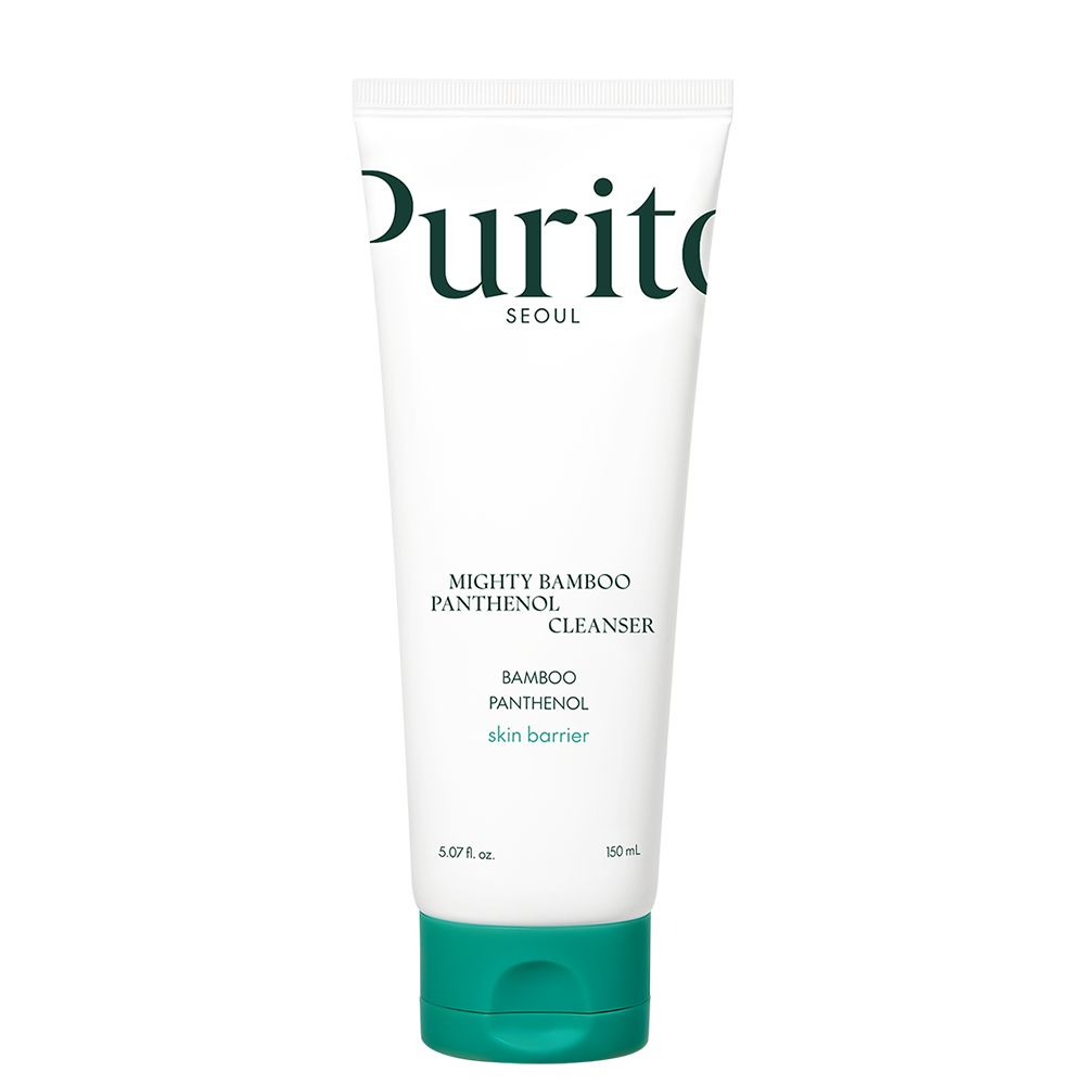 Tube blanche avec bouchon rabattable turquoise. Contient le nettoyant PURITO Mighty Bamboo Panthenol.