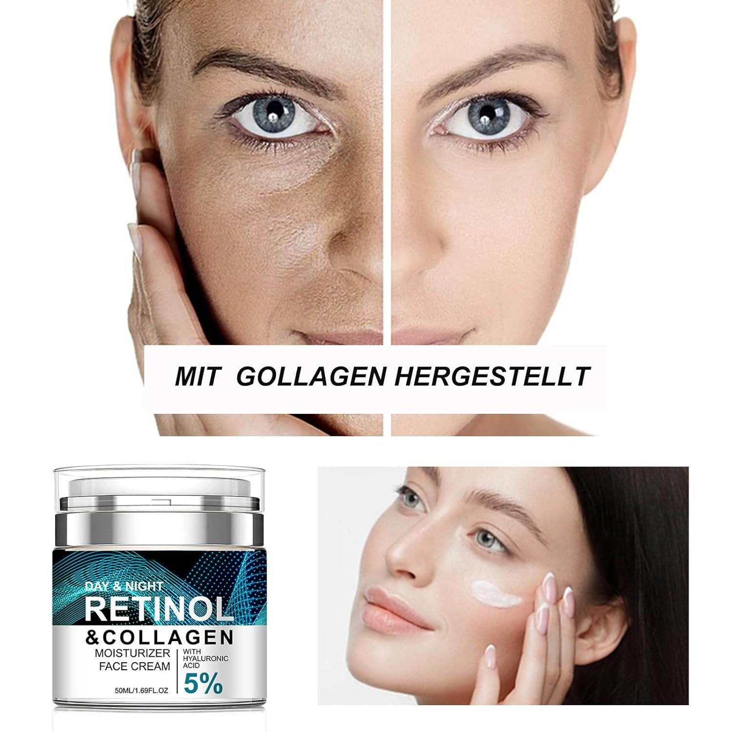 Images avant-après du visage et crème visage Soleneva Rétinol & Collagène.