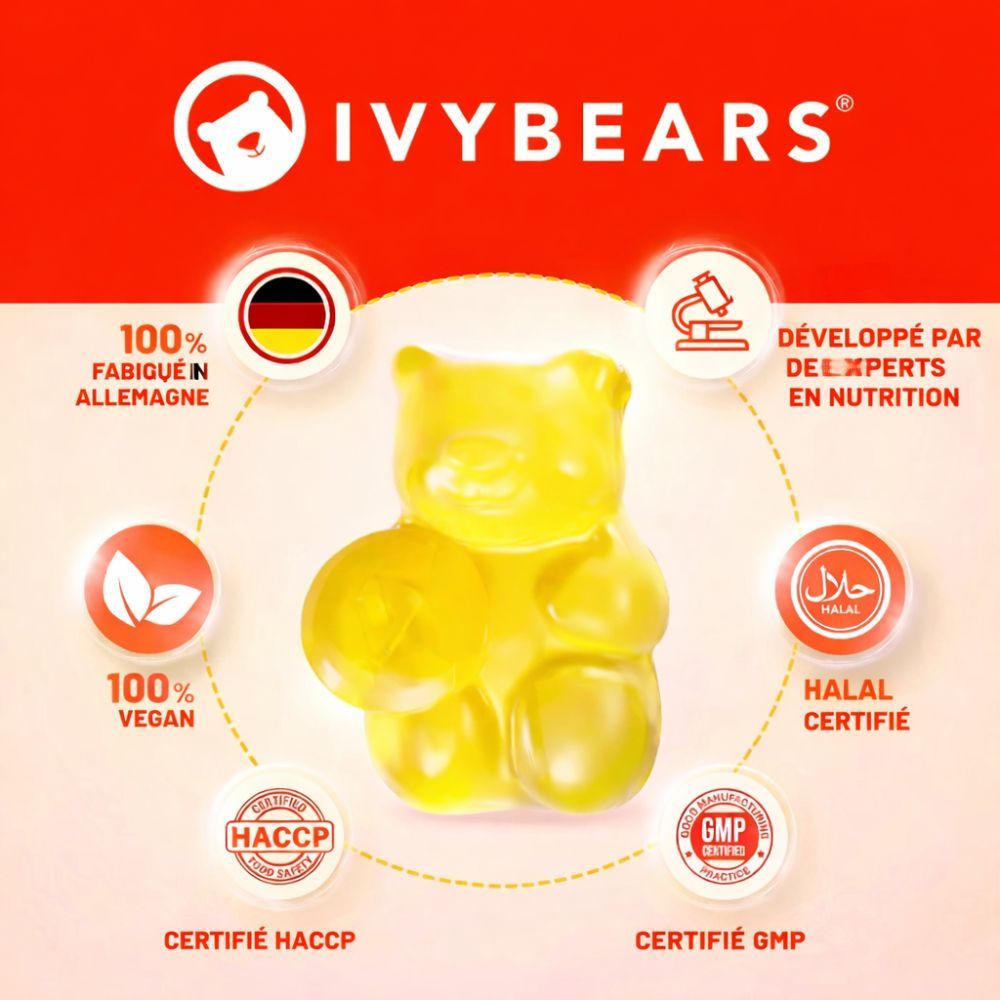 Ours en gomme jaune. Logos: 100% vegan, Fabriqué en Allemagne, Halal, HACCP, GMP.
