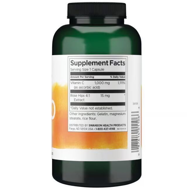 Dos du flacon vert. Inscription: Supplement Facts. Contient de la vitamine C et de l'extrait d'églantier.