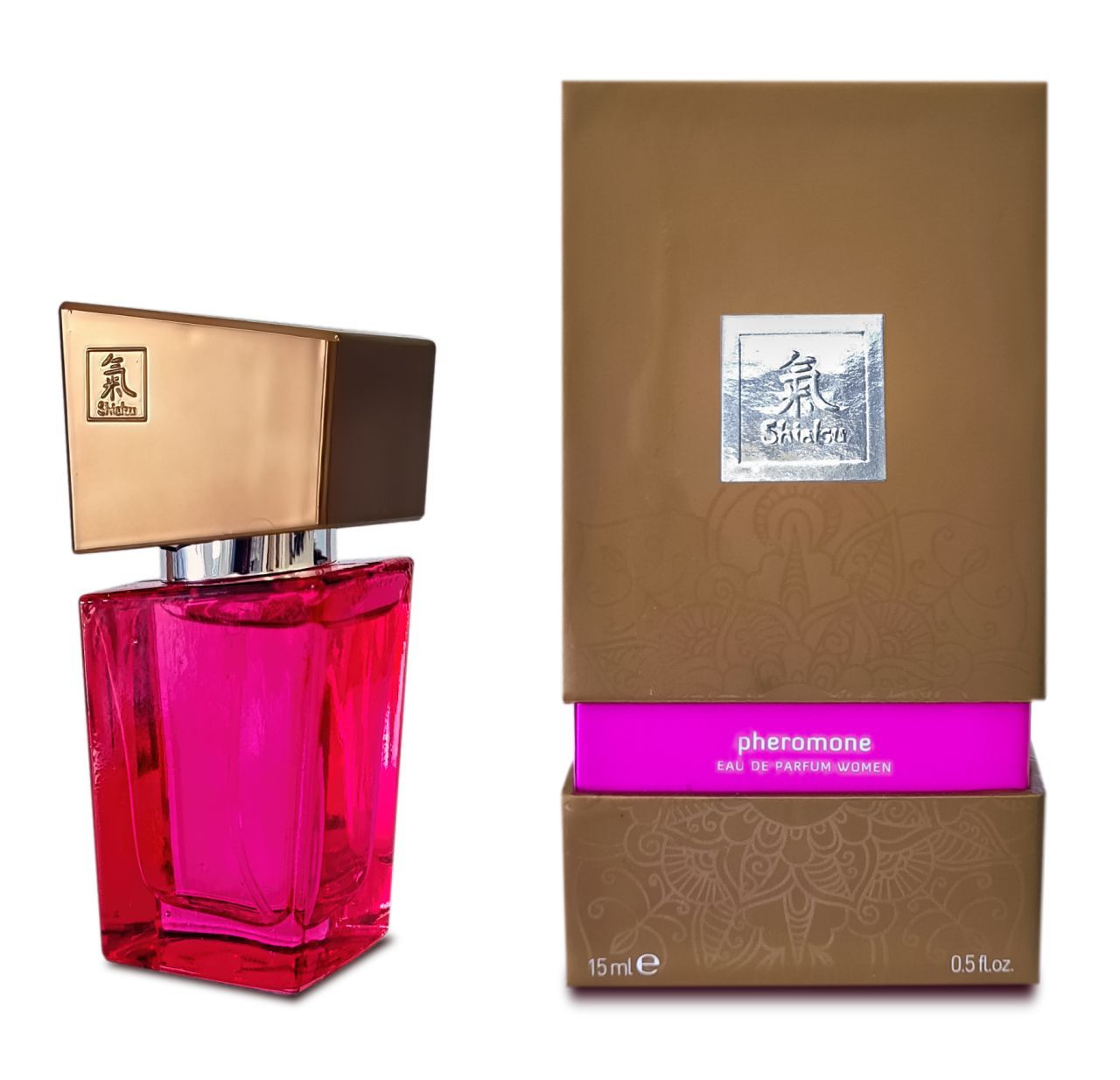 Pheromon Fragrance Woman Pink parfumfles en verpakking naast elkaar.