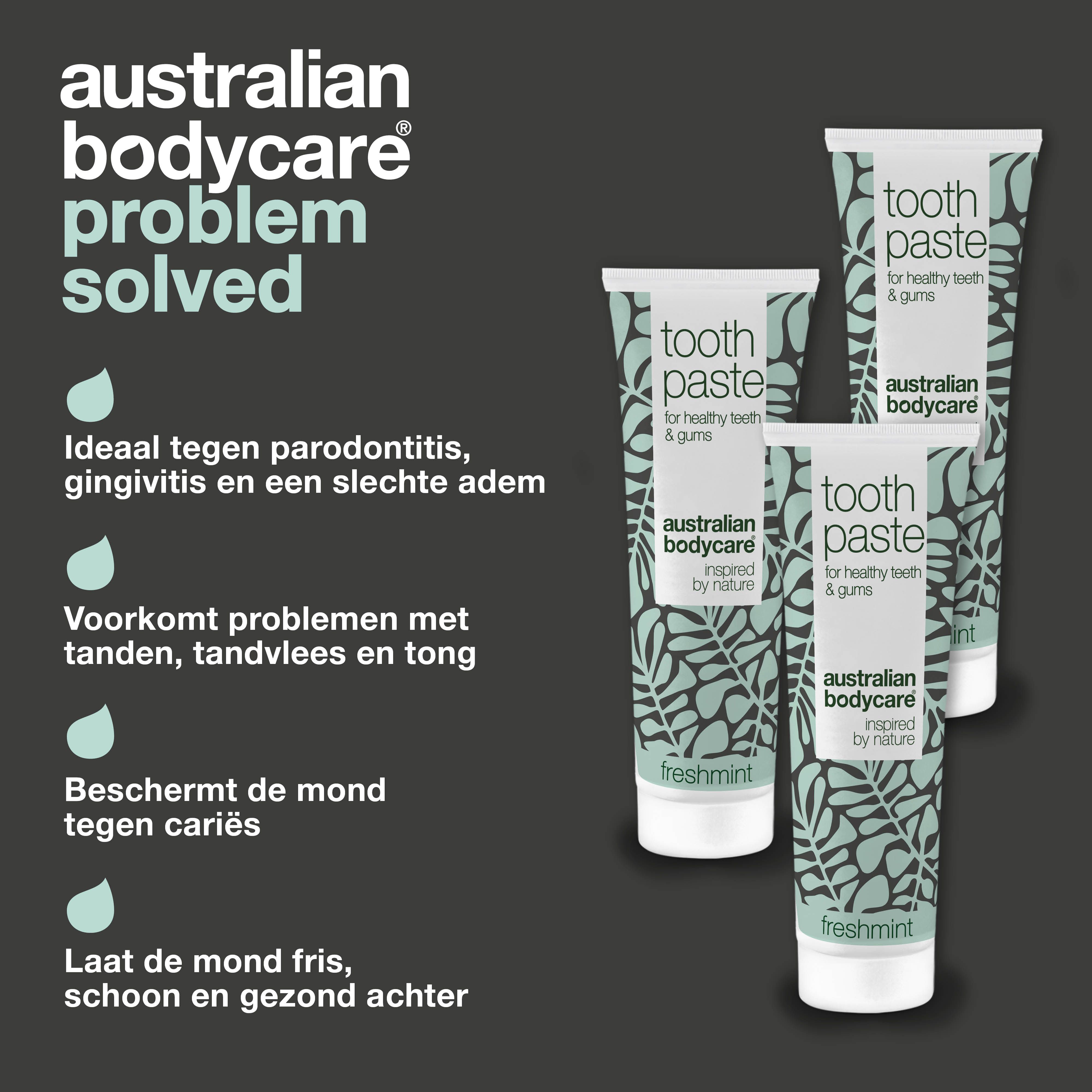 Tandpasta tubes. Tekst: Voor de dagelijkse verzorging van tanden, tong en tandvlees. Australian Bodycare.
