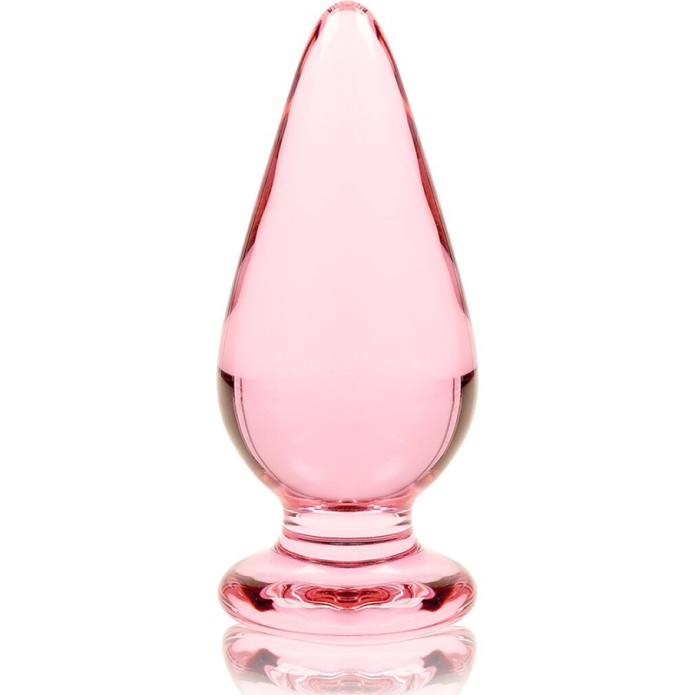 Plug anal en verre rose avec base large, 11 cm de long, 5 cm de large.