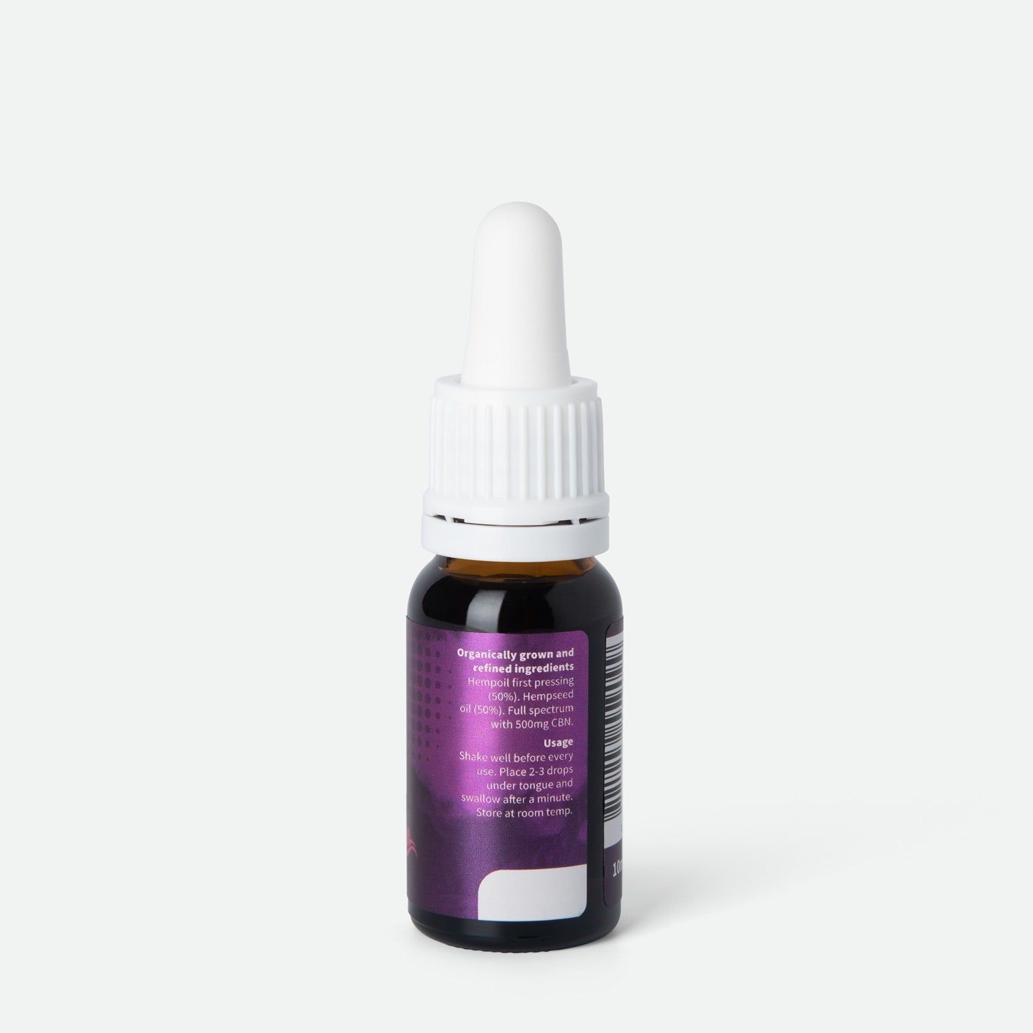 Vue arrière d'un flacon en verre brun avec compte-gouttes blanc. Étiquette violette avec texte. Contient des informations sur les ingrédients et l'utilisation.