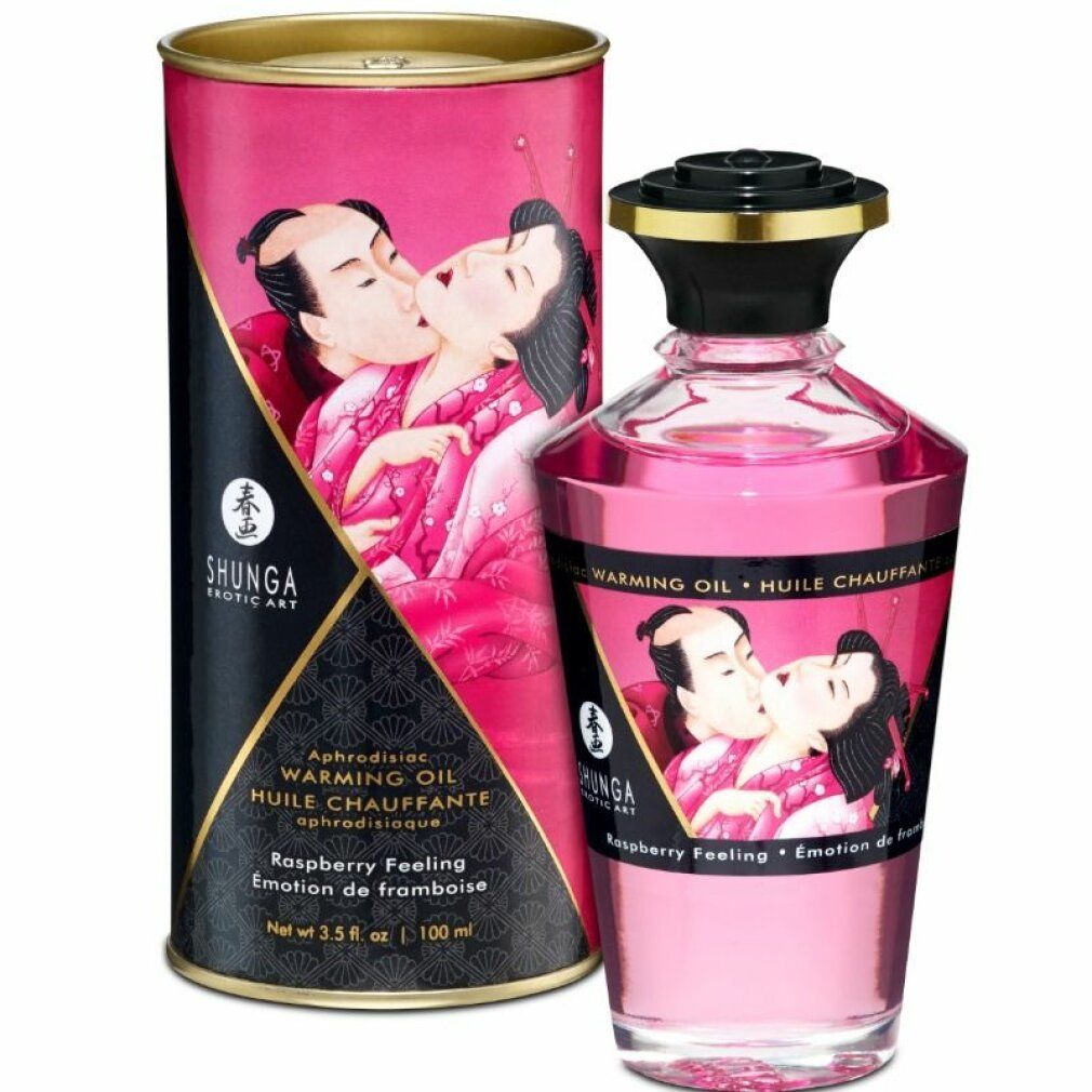 Huile de massage à la framboise et emballage. Bouteille et boîte avec illustrations. Inscription : Shunga, Warming Oil.