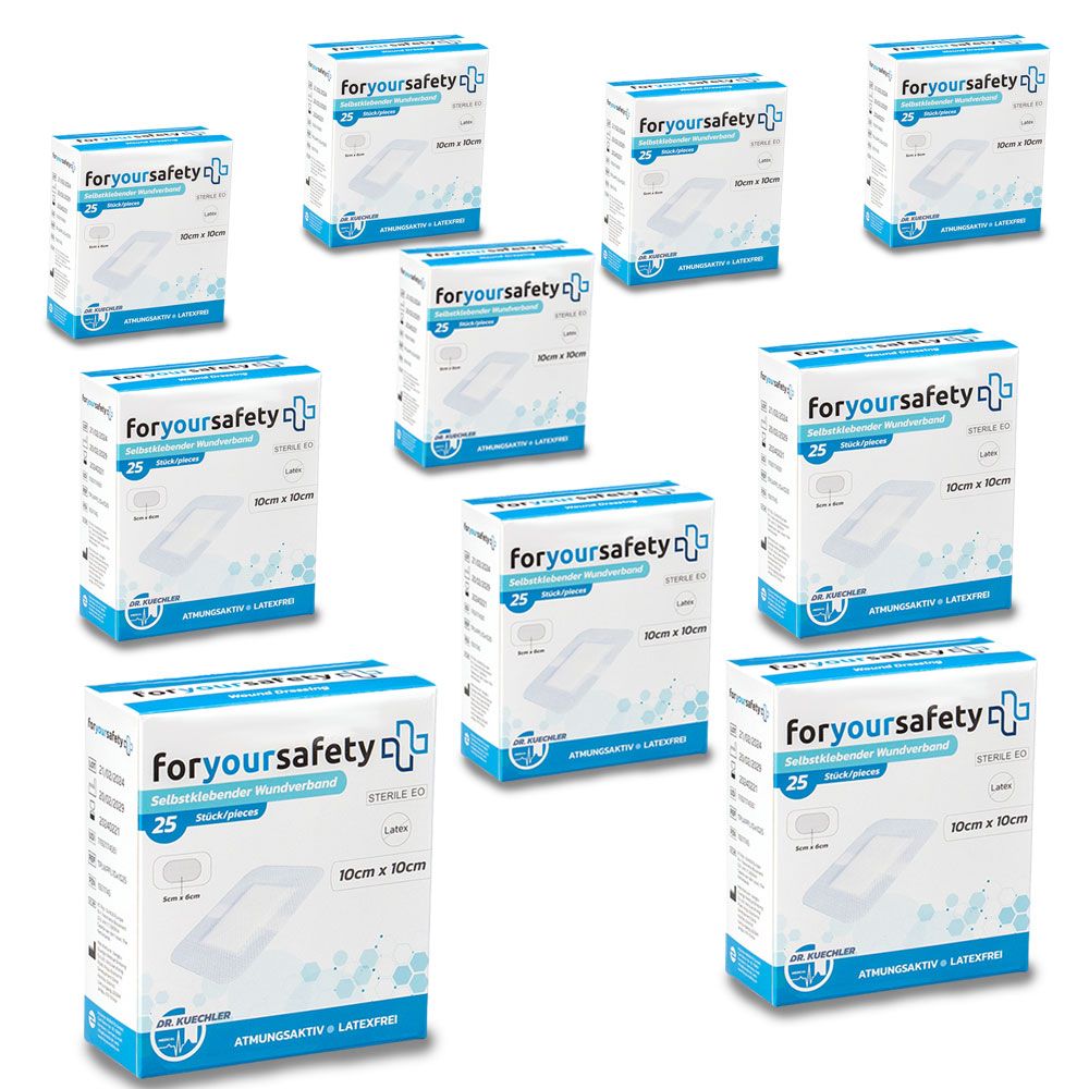 Plusieurs boîtes de pansements. Inscription : foryoursafety, 25 pièces, 10x10cm. Différentes tailles.
