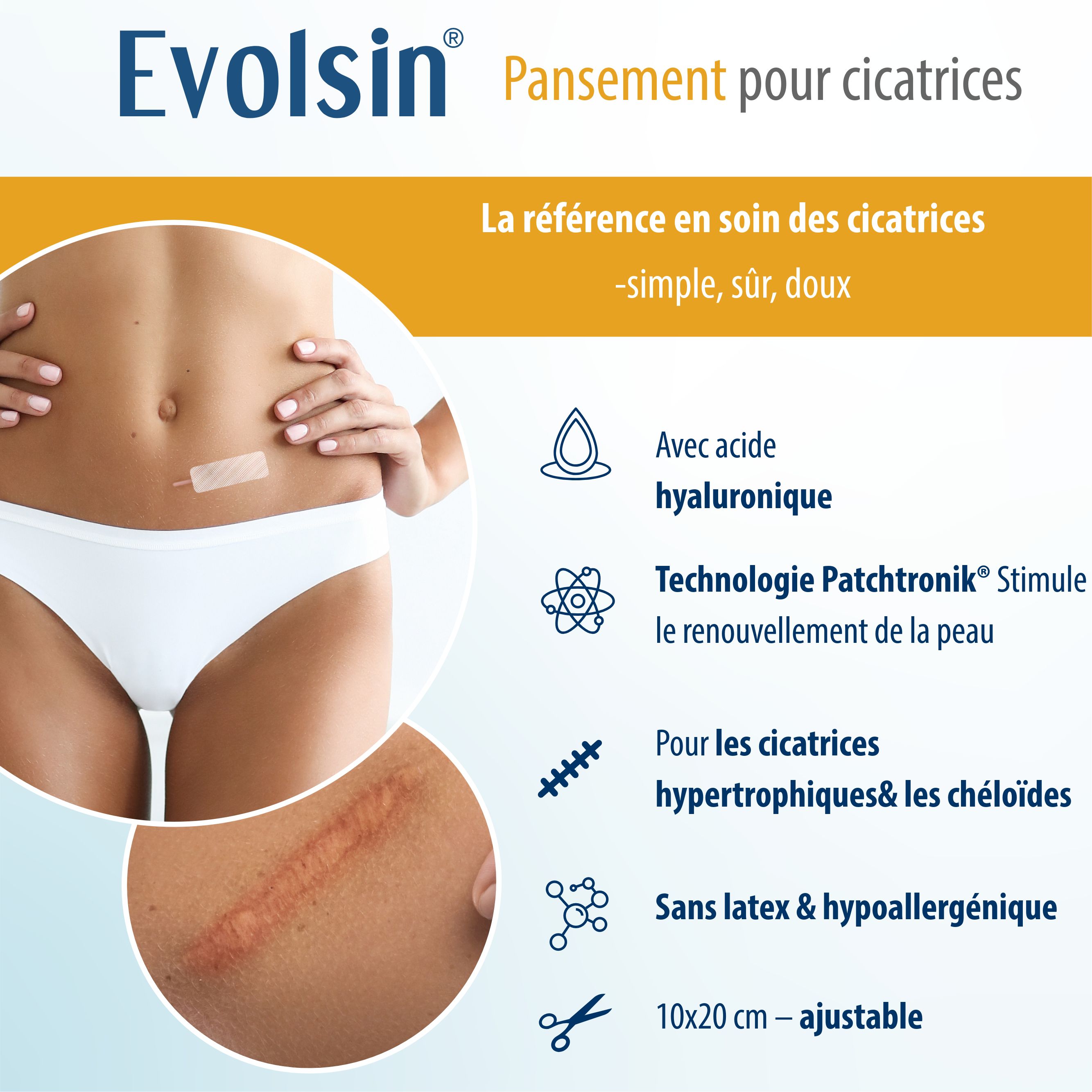 Evolsin® Pansements cicatriciels avec acide hyaluronique – pour cicatrices opératoires, césarienne,