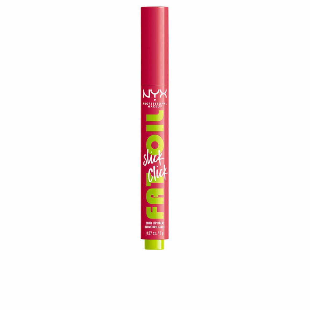 Rouge à lèvres rouge avec applicateur jaune. Inscription : NYX PROFESSIONAL MAKEUP FAT OIL slick click. 0,07 oz / 2 g.