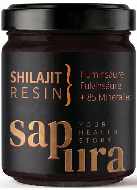 Bocal sombre avec étiquette noire mettant en avant Shilajit Resin et acide fulvique.