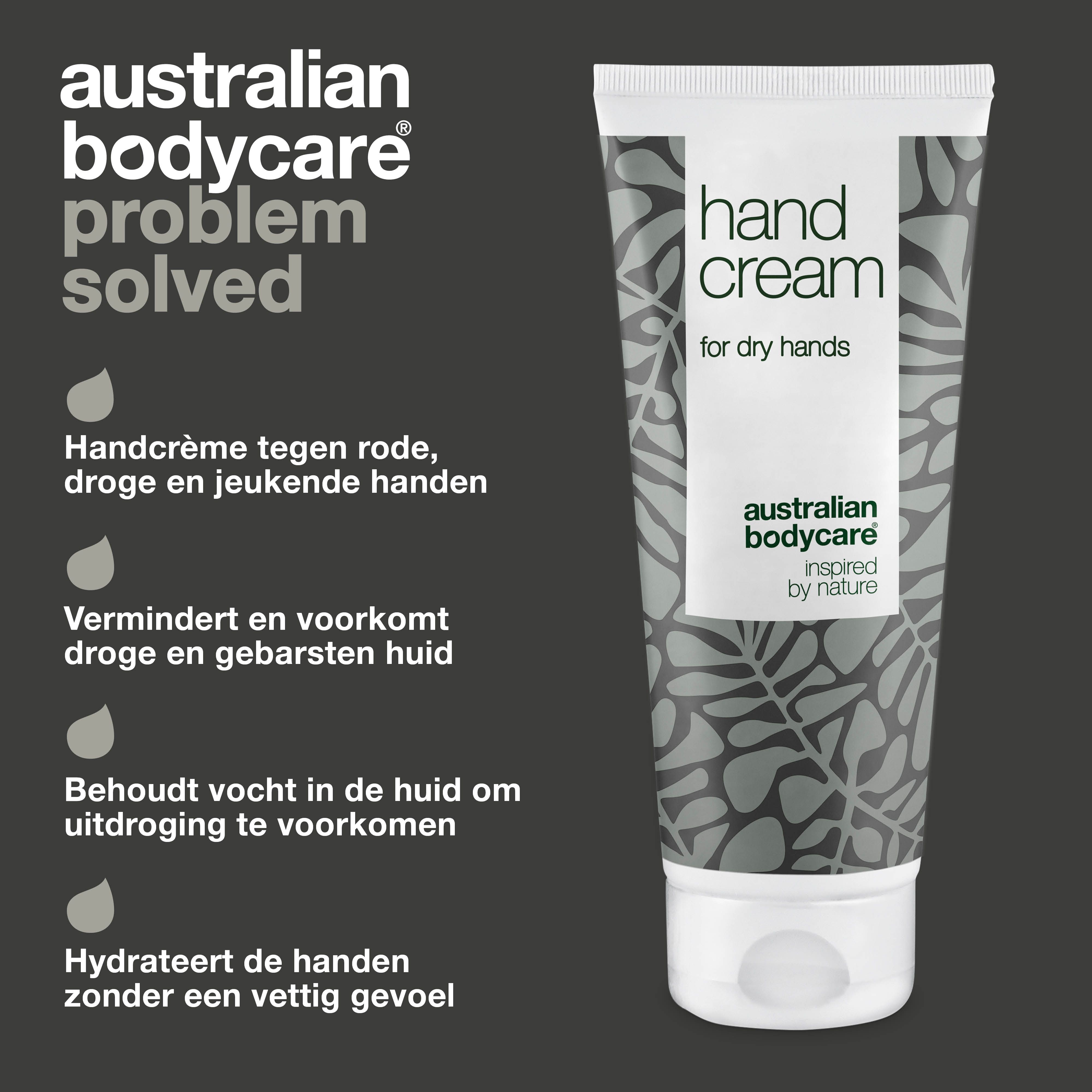 Handcrèmetube en tekst. Opschrift: Hand Cream, Australian Bodycare.