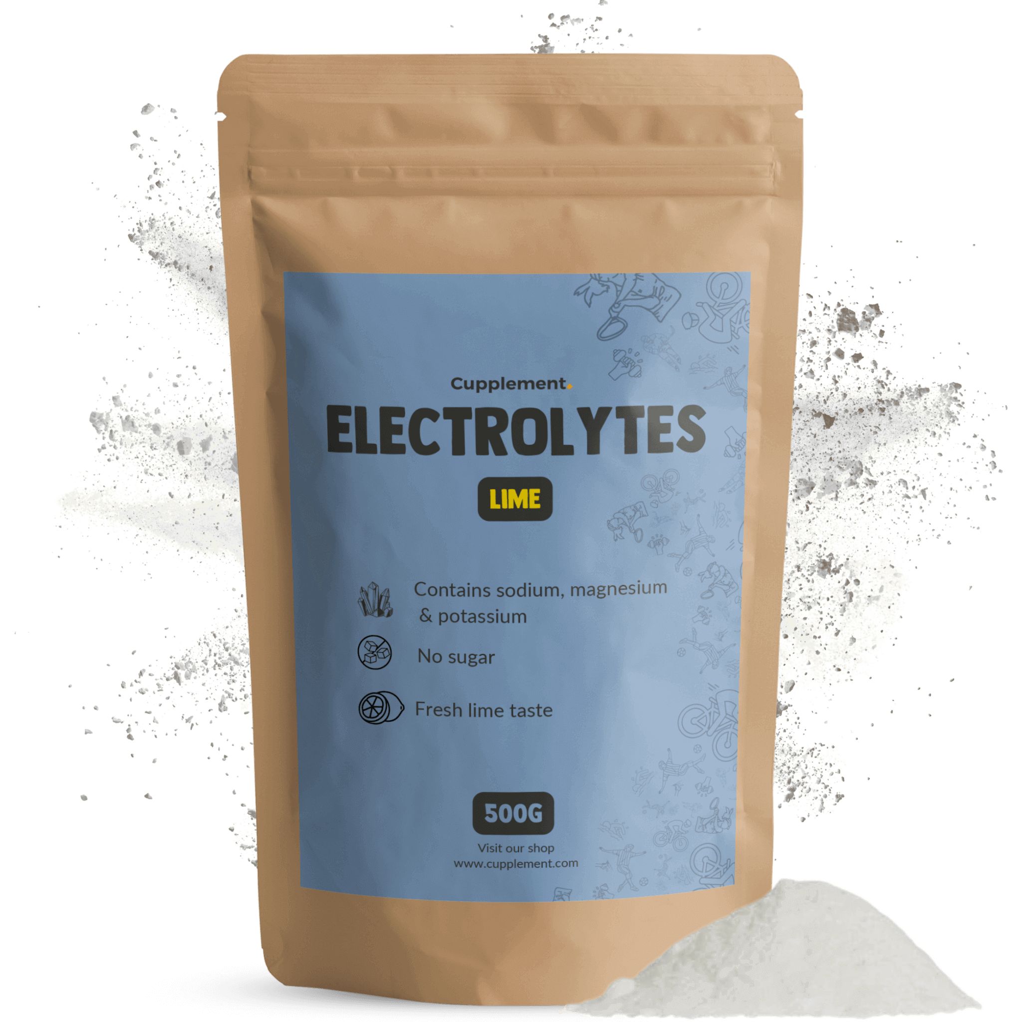 Zakje elektrolytenpoeder. Opschrift: Cupplement, Electrolytes, Lime. Bevat natrium, magnesium, kalium. 500g.