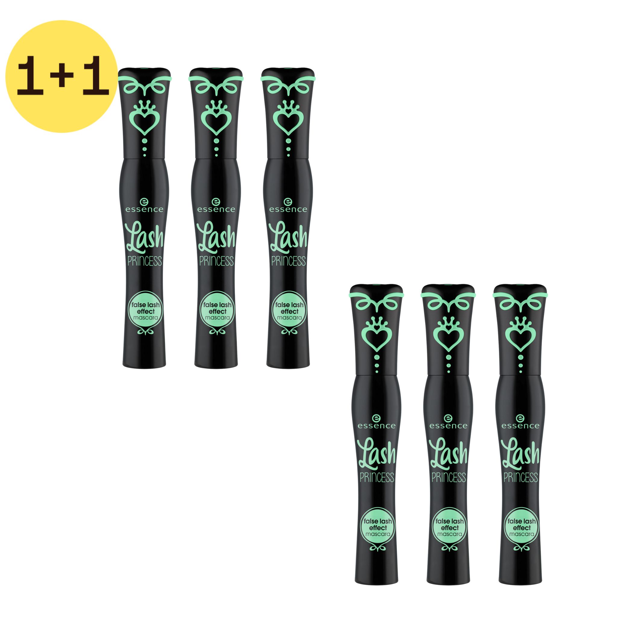 Six tubes de mascara noirs avec des accents verts. Les tubes portent l'inscription "Essence Lash PRINCESS false lash effect mascara".