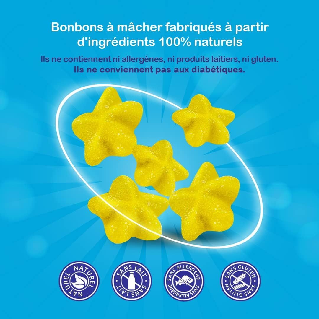 Cinq gommes étoiles jaunes, ingrédients 100% naturels, sans allergènes, lait, gluten, adapté aux diabétiques.