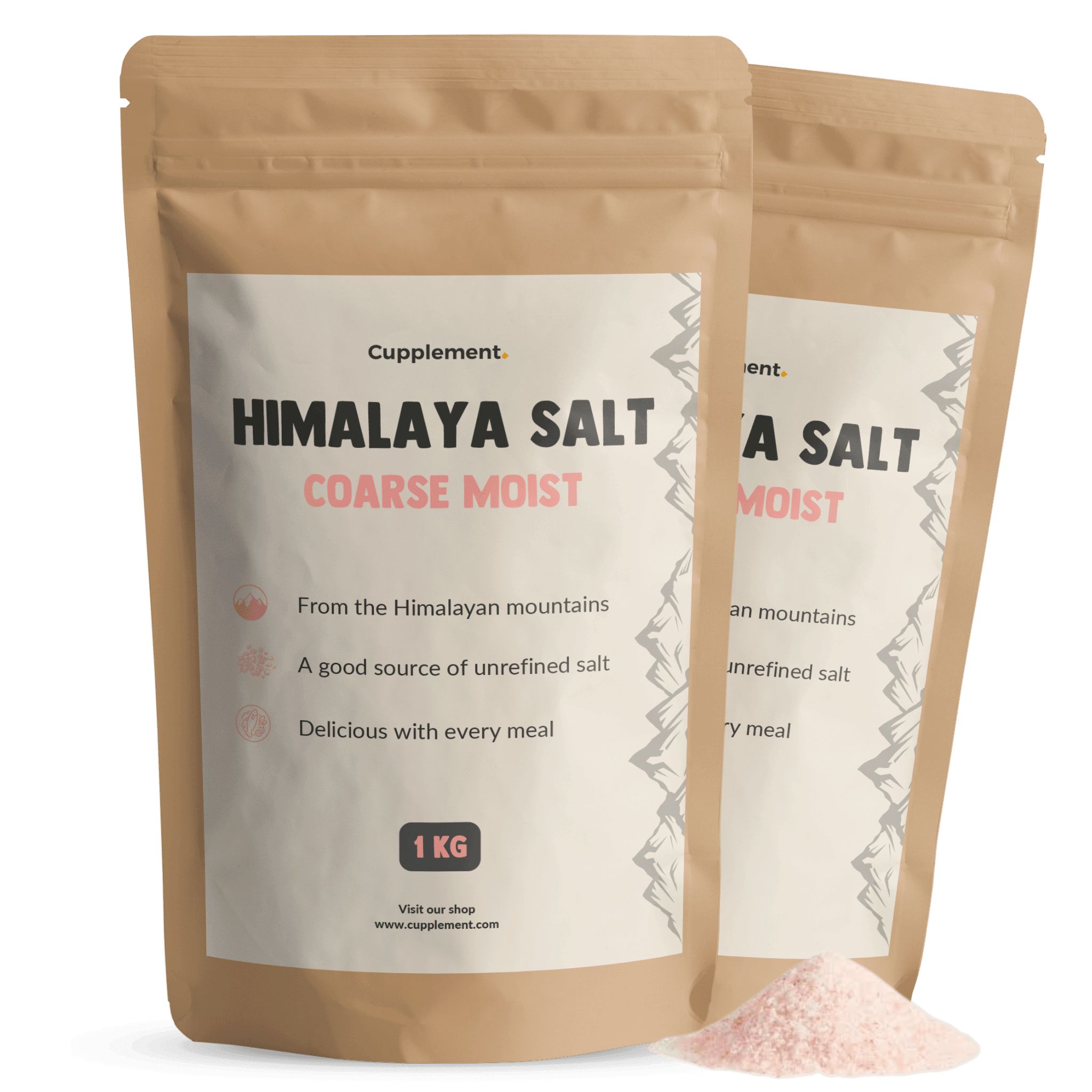 Deux sachets de sel Cupplement® Himalaya, grossier, humide. Inscription : 1 KG. Sel rose à côté.