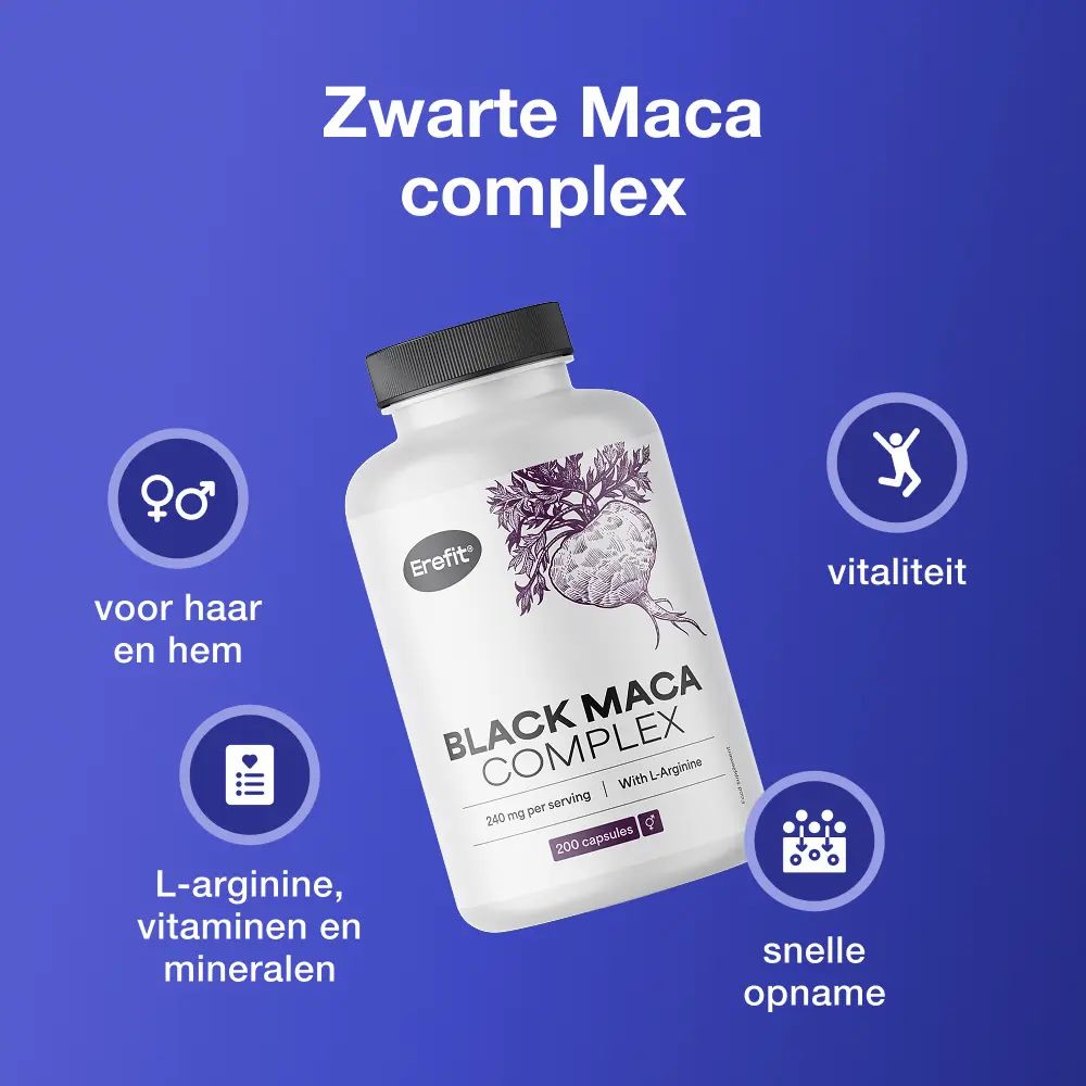 Fles met Black Maca Complex. Symbolen: Vrouw, man, vitaliteit, L-Arginine, vitaminen, mineralen, snelle opname.