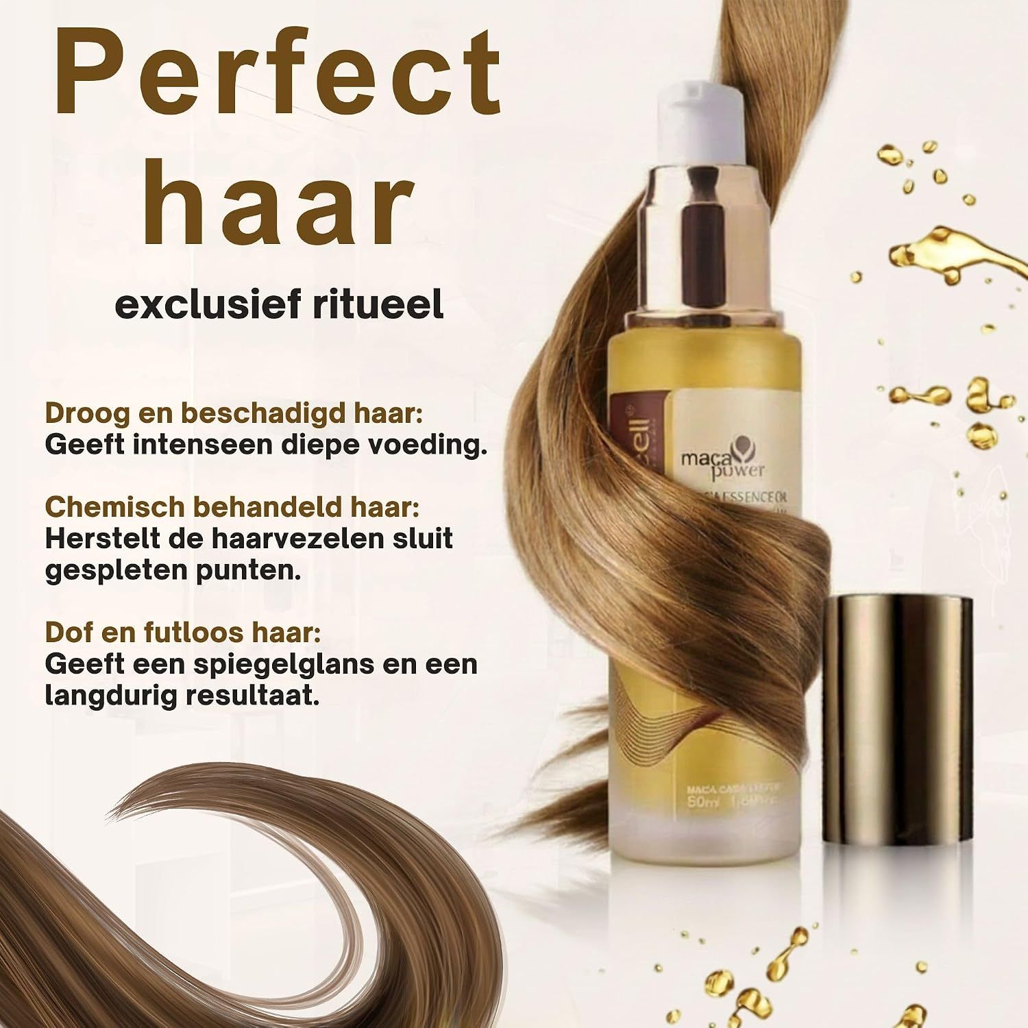 Gouden flesje haarserum, omwikkeld door bruin haar. Tekst: 'Perfect haar'.