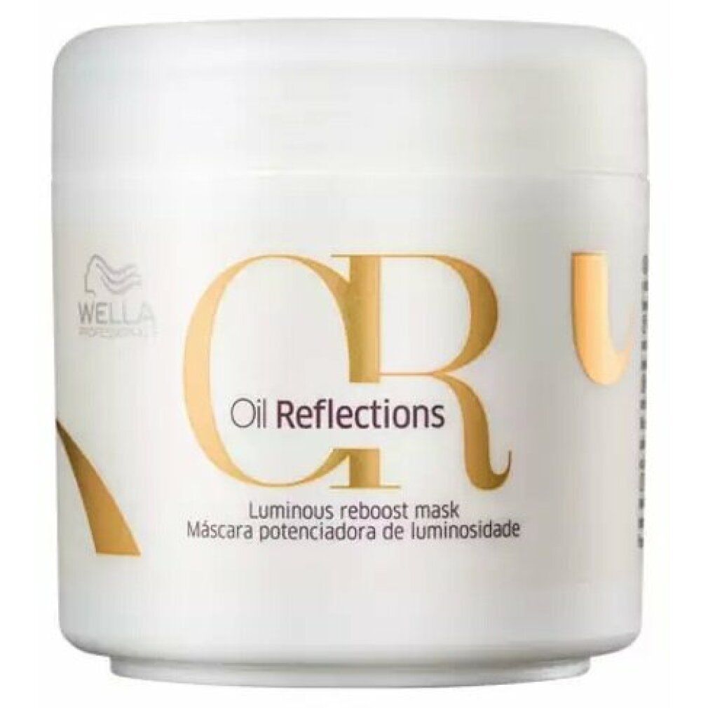 Witte pot met gouden tekst "Oil Reflections" en "Luminous reboost mask". Merk: Wella.