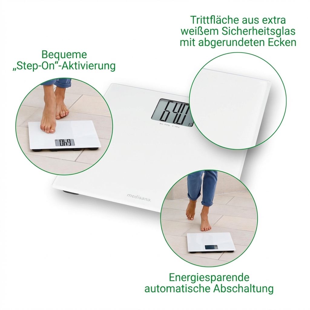 Witte personenweegschaal met veiligheidsglazen trede, digitaal display en 'step-on' activering.