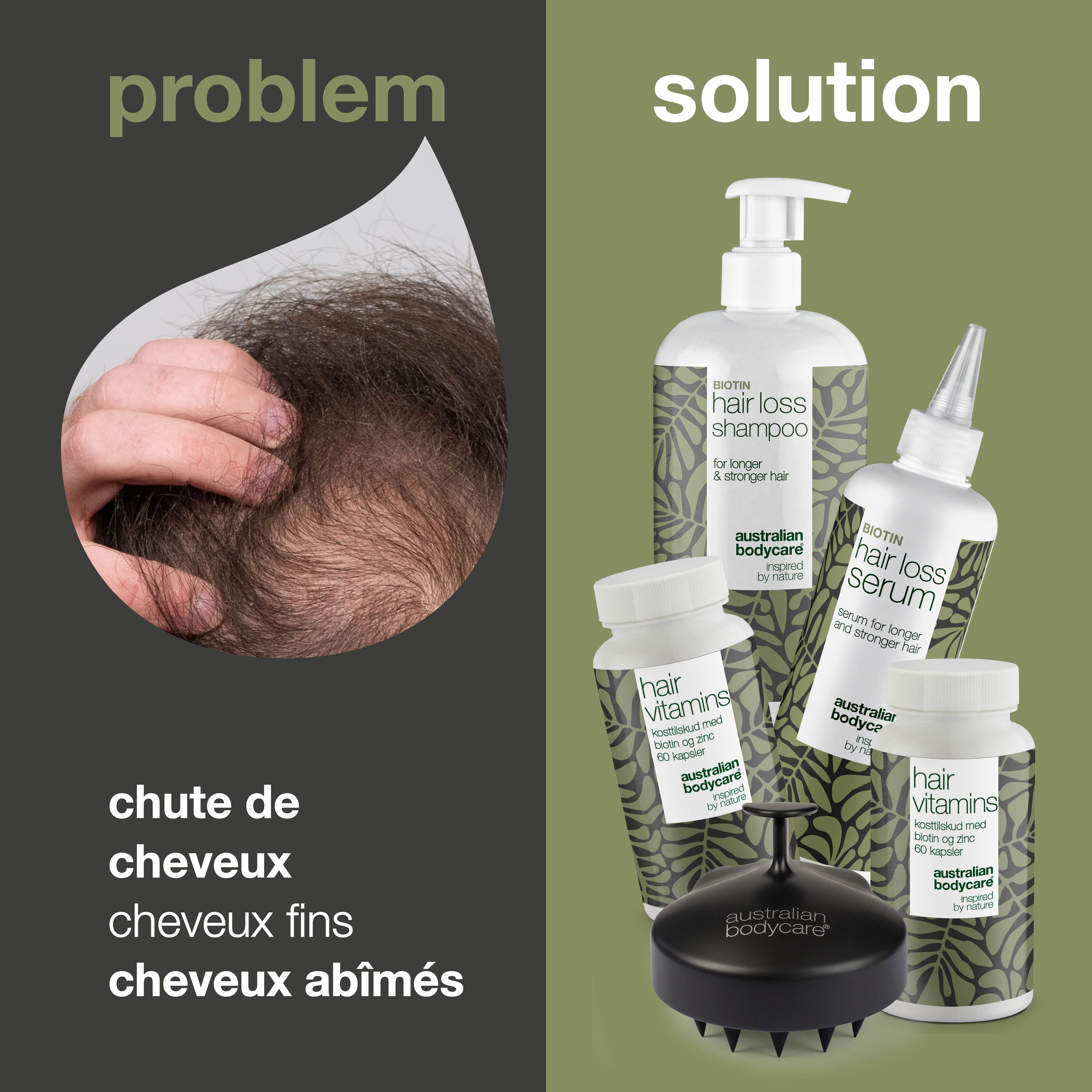 Problème et solution. Chute de cheveux, cheveux fins, cheveux abîmés. Produits : Shampooing, sérum, gélules, brosse.