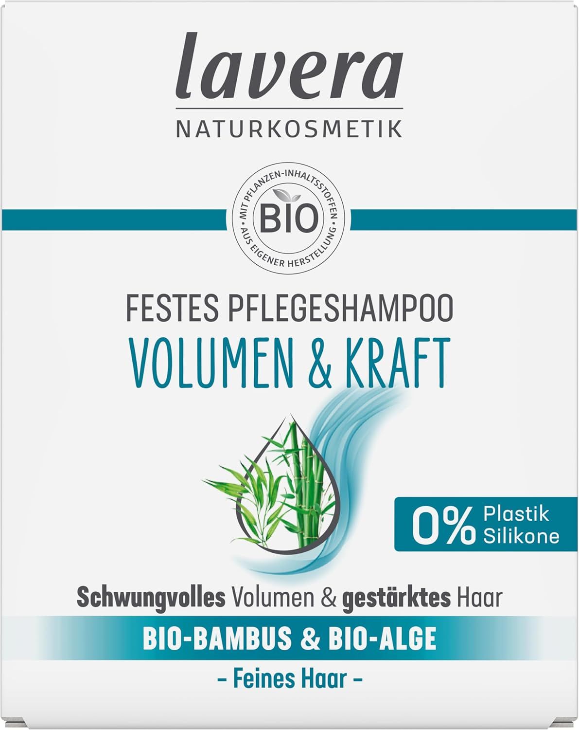 Verpakking van lavera Festes Pflegeshampoo Volumen & Kraft. Wit, met logo, productnaam en bio-keurmerk. Tekst: 0% plastic, siliconen.