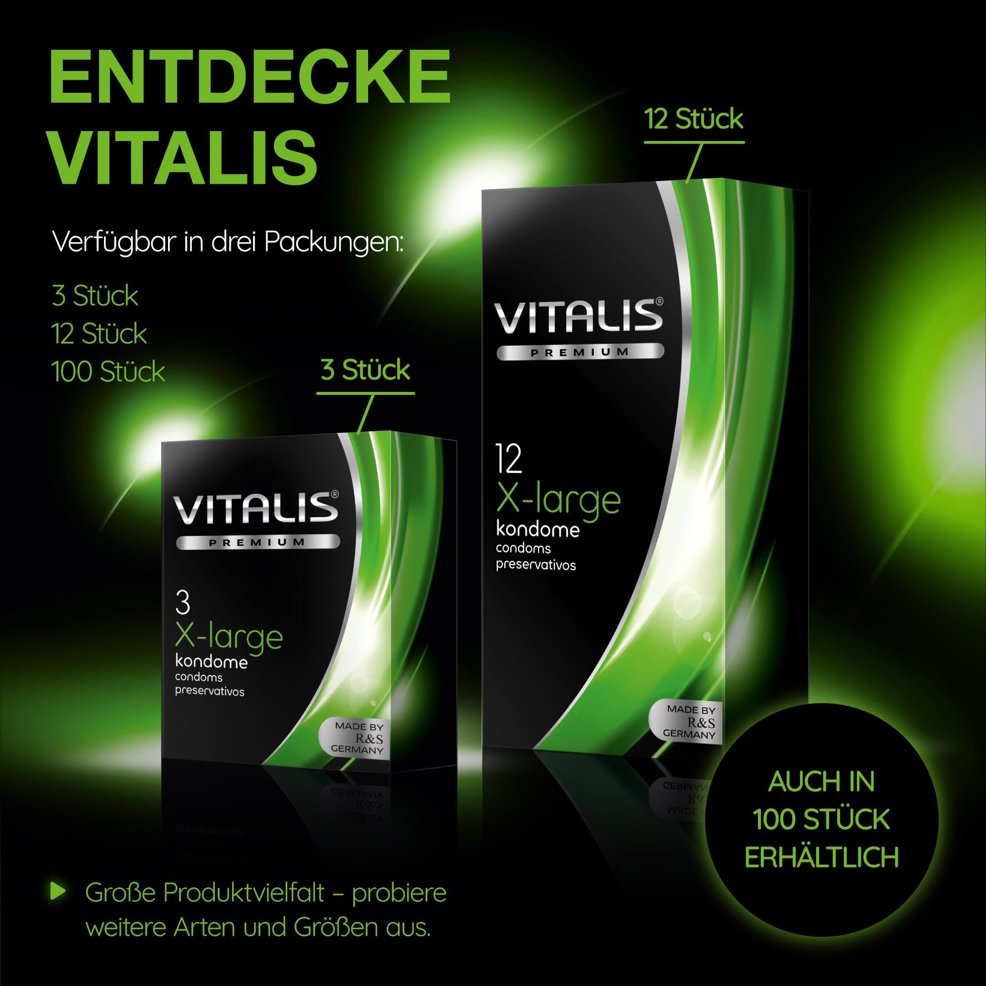 Préservatifs Vitalis : Disponibles en paquets de 3, 12 et 100 unités.